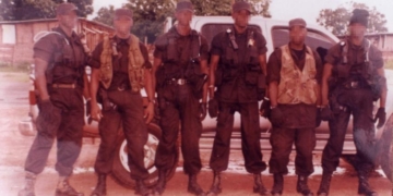 Members of the Gambian paramilitary group known as the Junglers. The Junglers have been implicated in serious human rights violations including torture, enforced disappearances, and killings. © Private