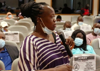 Zainab, the sister of Lt Lowe who disappeared after being accused of plotting to overthrow Yahya Jammeh in 2006, speaking during the release of the TRRC report to the public on December 24,2021.